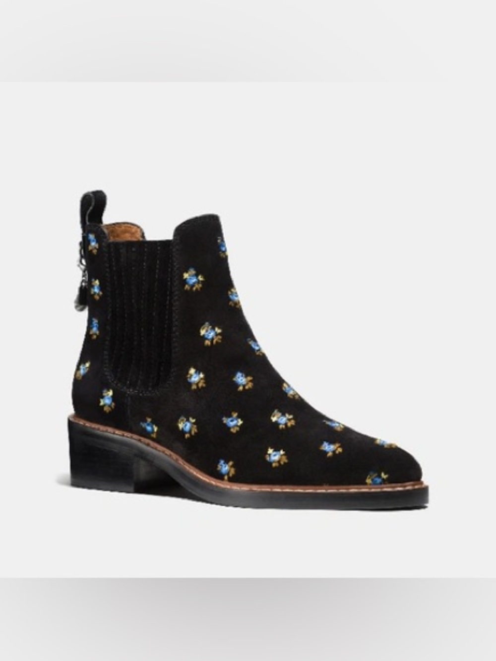 Coach Black Suede Embroidered Chelsea Booties with Blue Floral Accents - Picture 1 of 7